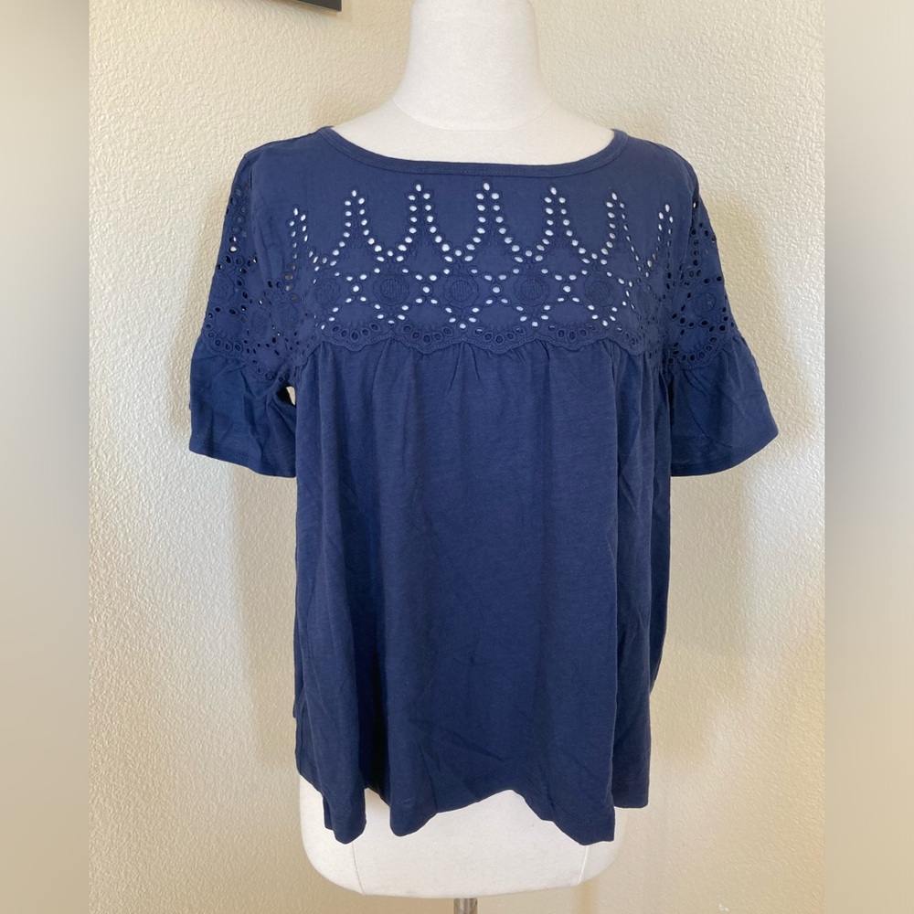 NWT J. Crew Navy Blue Eyelet cotton top blouse with ruffle sleeve Size S